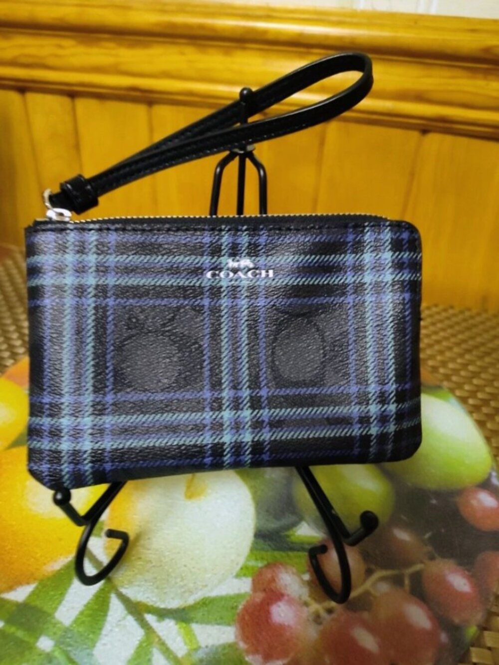 Coach Corner Zip Women's Wristlet Wallet in Black/Blue Plaid 6-1/4" x 4"